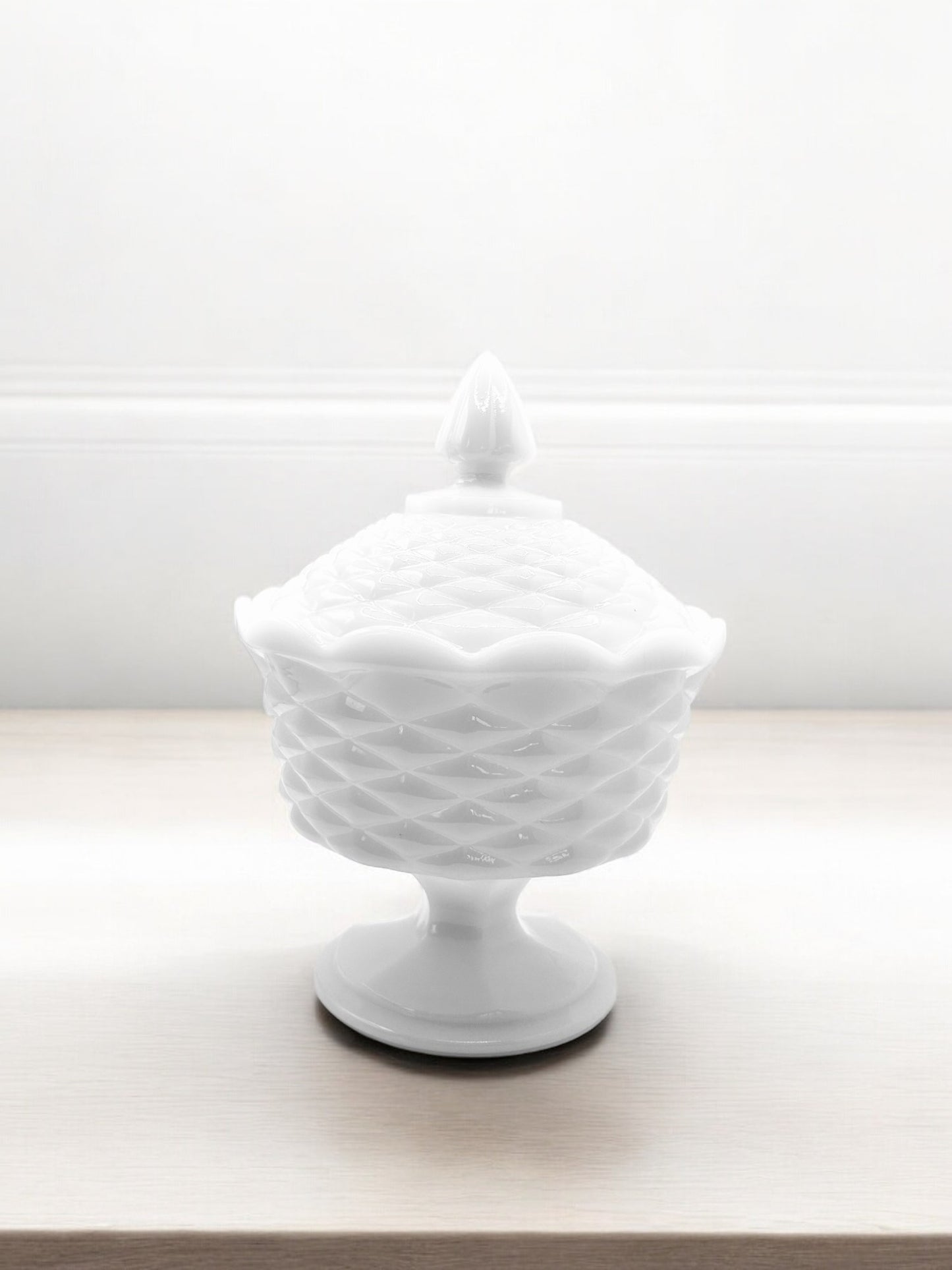 Vintage White Milk Glass Basket Weave Pedestal 