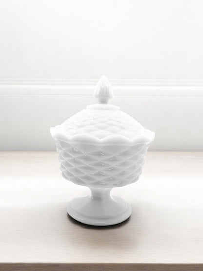 Vintage White Milk Glass Basket Weave Pedestal 