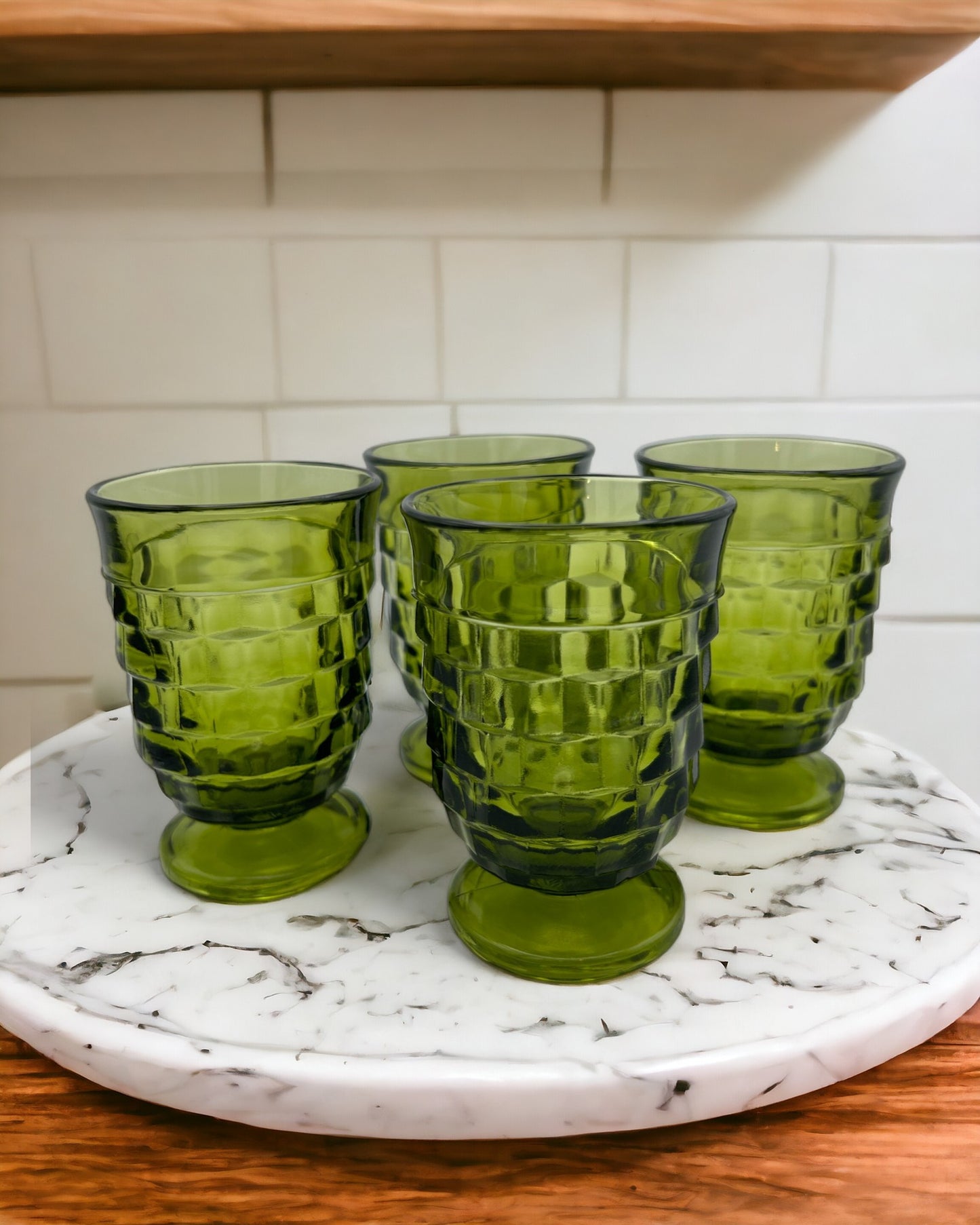 Vintage White hall Avocado Green Footed Juice Glasses