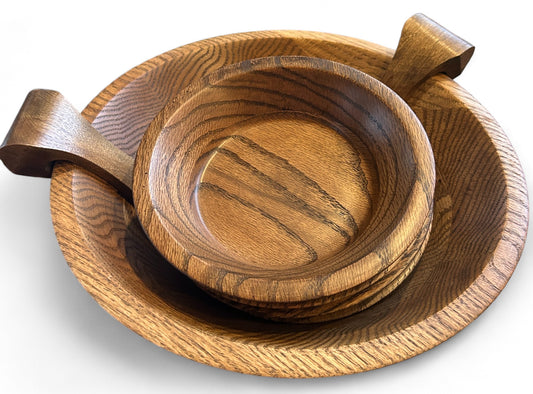 Vintage Walnut Wooden Large Serving Bowl With Six Bowls and Salad Tongs