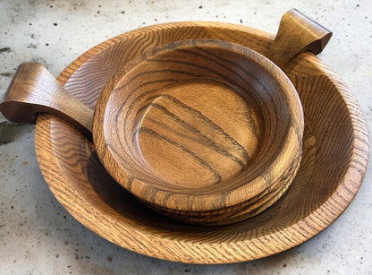 Vintage Walnut Wooden Large Serving Bowl With Six Bowls and Salad Tongs