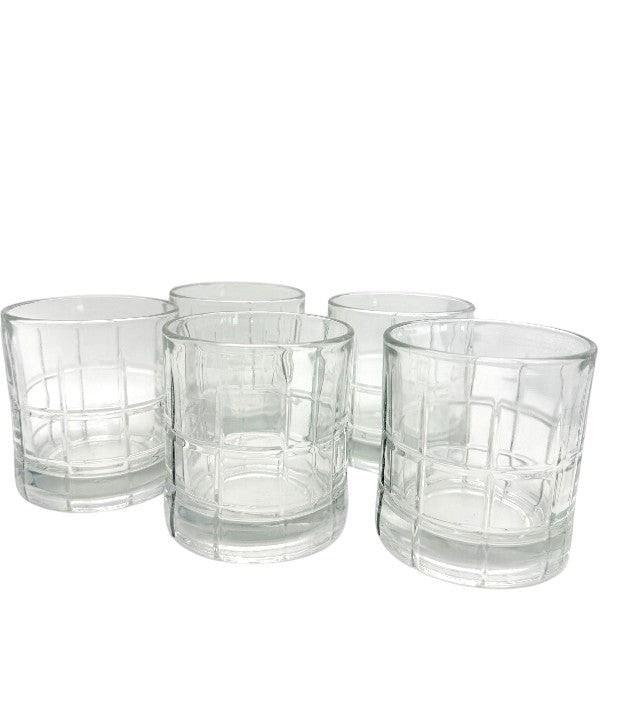 Hinson Vintage Interiors set of five clear glass Anchor Hocking Tartan old fashioned glasses with grid patterns.