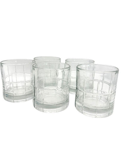 Hinson Vintage Interiors set of five clear glass Anchor Hocking Tartan old fashioned glasses with grid patterns.