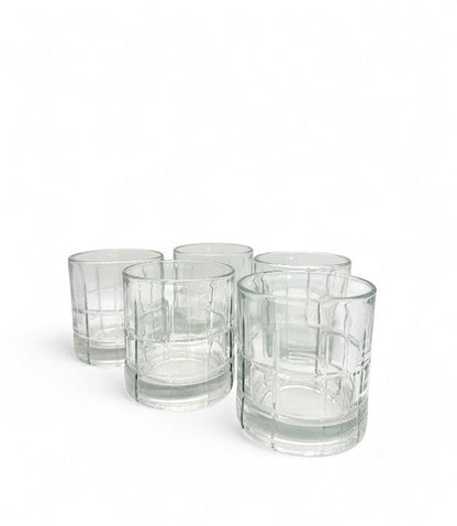 Set of five Hinson Vintage Interiors Anchor Hocking Tartan clear glass old fashioned tumblers with grid pattern