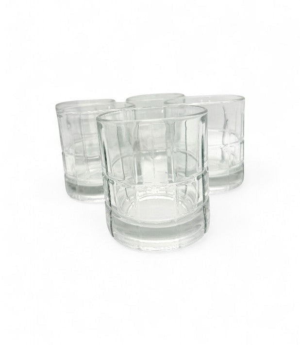 Hinson Vintage Interiors set of five clear glass Anchor Hocking Tartan old fashioned glasses with weighted bases.