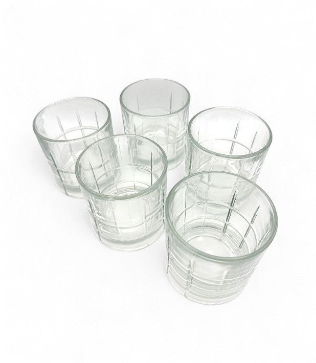 Hinson Vintage Interiors set of five clear glass Anchor Hocking Tartan old fashioned whiskey glasses with grid pattern.