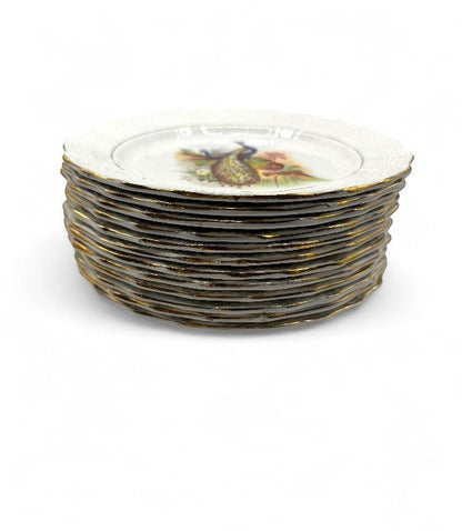 Hinson Vintage Interiors set of 12 antique French Moulin des Loups dessert plates with bird illustrations and gold trim
