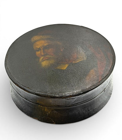 Hinson Vintage Interiors antique round black lacquer snuff box with a hand-painted gentleman portrait on the lid.