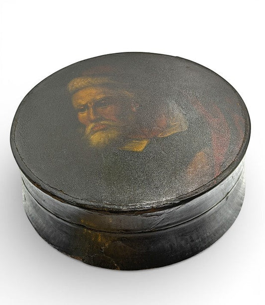 Hinson Vintage Interiors antique round black lacquer snuff box with a hand-painted gentleman portrait on the lid.