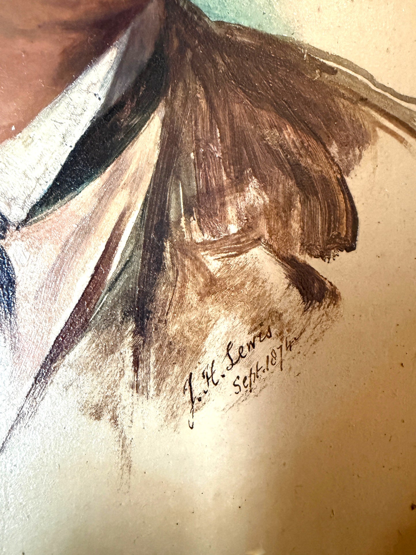 Hinson Vintage Interiors antique oval portrait painting by J.H. Lewis dated 1874 with visible artist signature