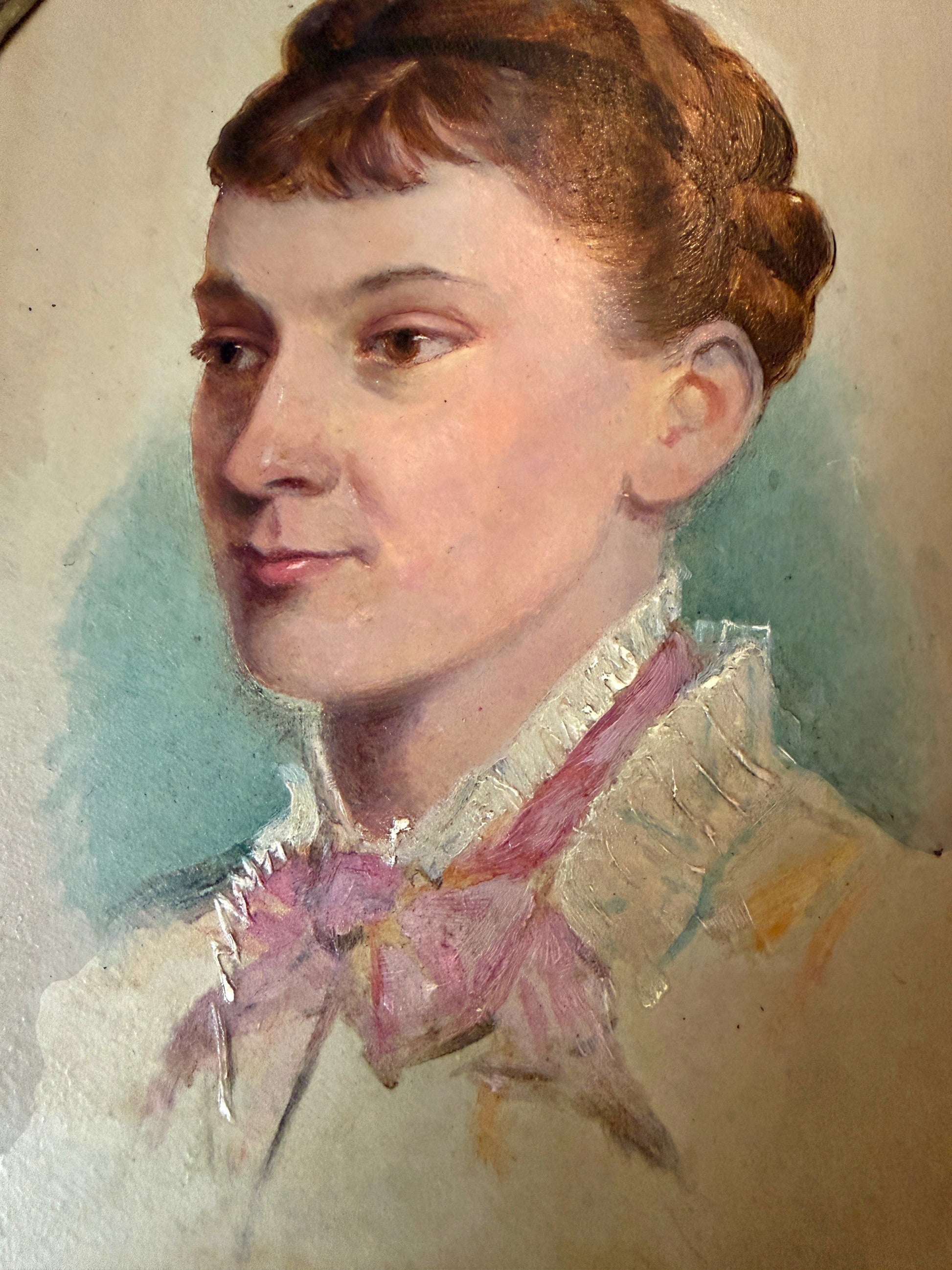 Hinson Vintage Interiors antique oval portrait painting of a woman in Victorian attire with delicate brushwork