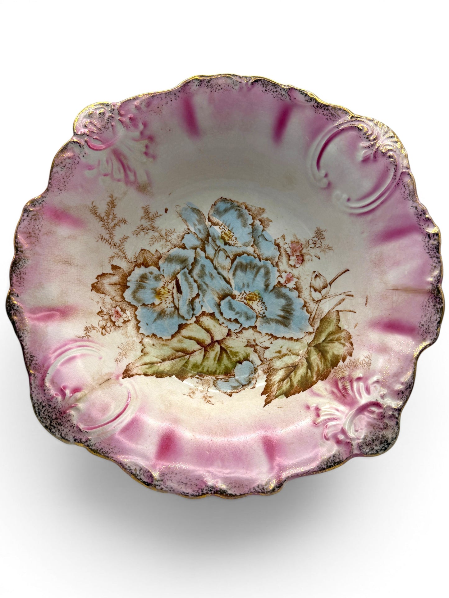 Hinson Vintage Interiors antique La Francaise porcelain bowl with pink shading, blue floral center, and gold rim.