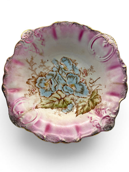 Hinson Vintage Interiors antique La Francaise porcelain bowl with pink shading, blue floral center, and gold rim.