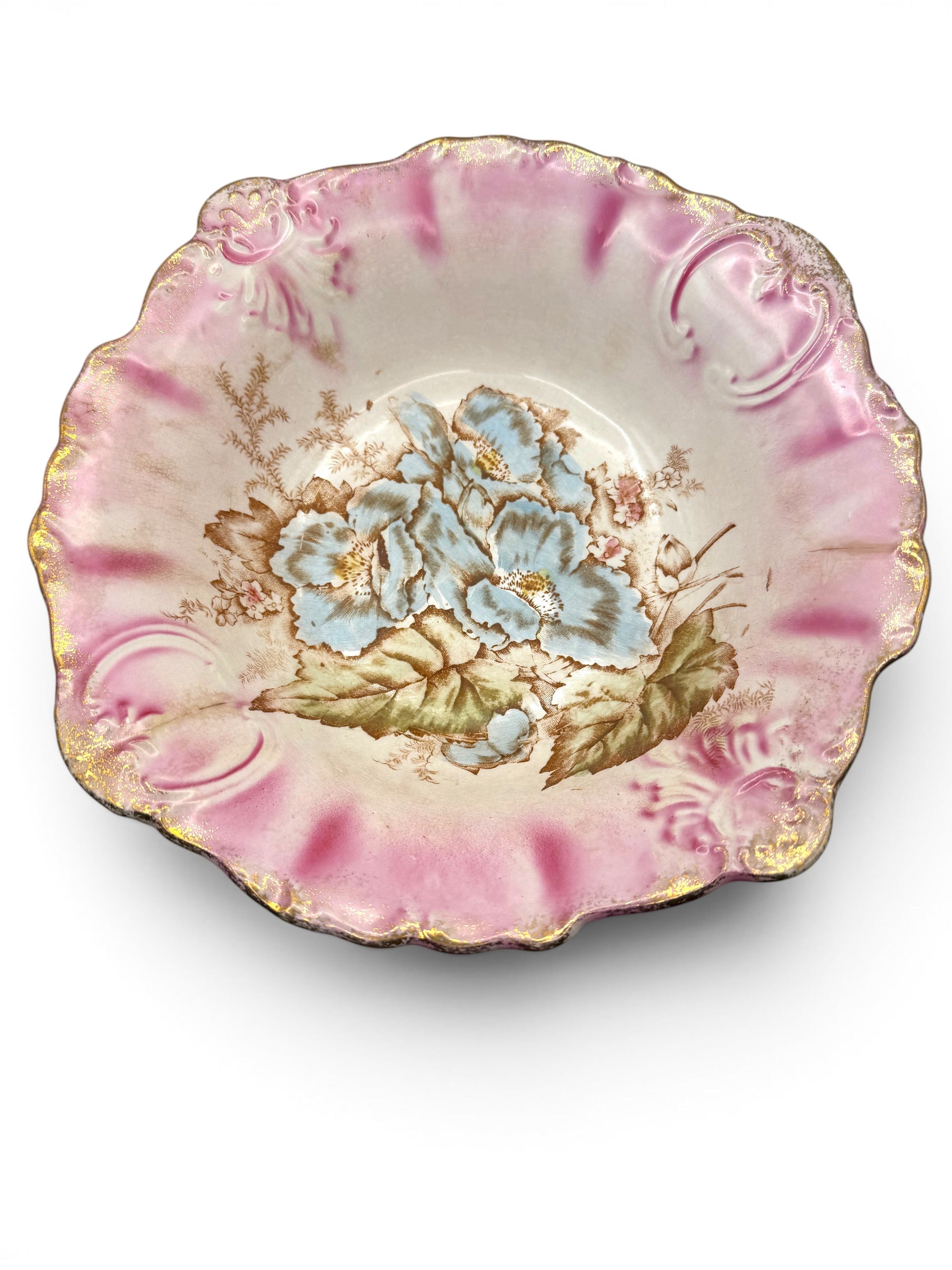 Hinson Vintage Interiors antique La Francaise porcelain bowl with pink shading, blue floral center, and gold trim.
