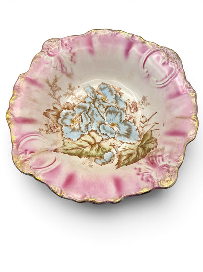 Hinson Vintage Interiors antique La Francaise porcelain bowl with pink shading, blue floral center, and gold trim.