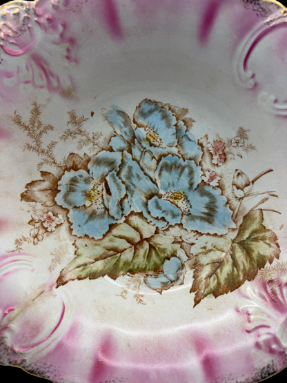 Hinson Vintage Interiors antique La Francaise porcelain bowl with blue floral center, pink shading, and gold accents.