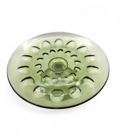 Hinson Vintage Interiors 1960s Hazel Atlas Reflection avocado green pressed glass pedestal cake plate with thumbprint rim
