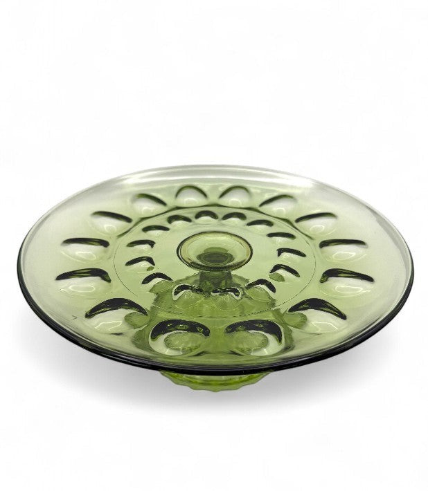 Hinson Vintage Interiors 1960s Hazel Atlas Reflection avocado green pressed glass pedestal cake plate with thumbprint