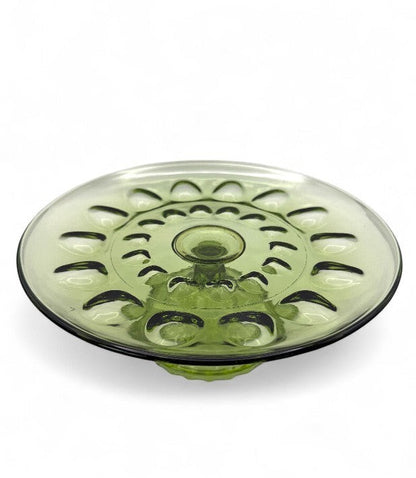 Hinson Vintage Interiors 1960s Hazel Atlas Reflection avocado green pressed glass pedestal cake plate with thumbprint