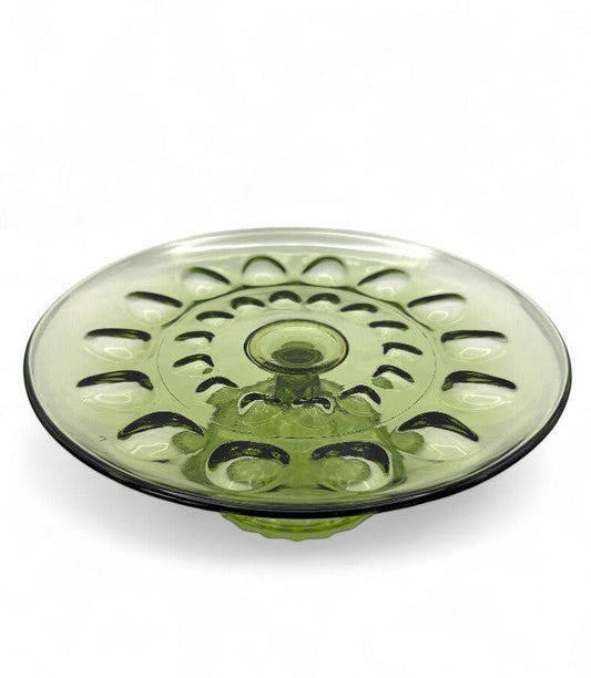 Hinson Vintage Interiors 1960s Hazel Atlas Reflection avocado green pressed glass pedestal cake plate with thumbprint