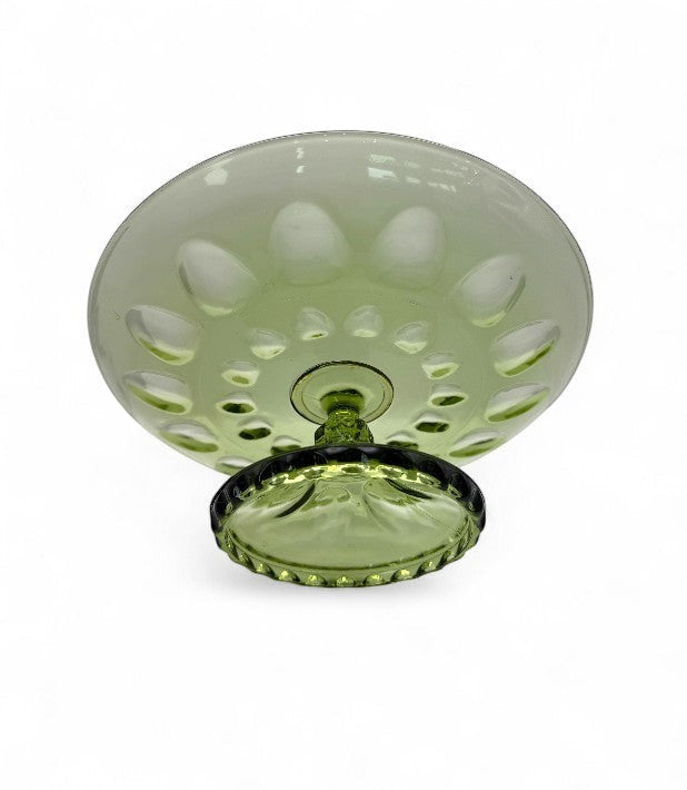 Hinson Vintage Interiors 1960s Hazel Atlas Reflection avocado green pressed glass pedestal cake plate with thumbprint rim