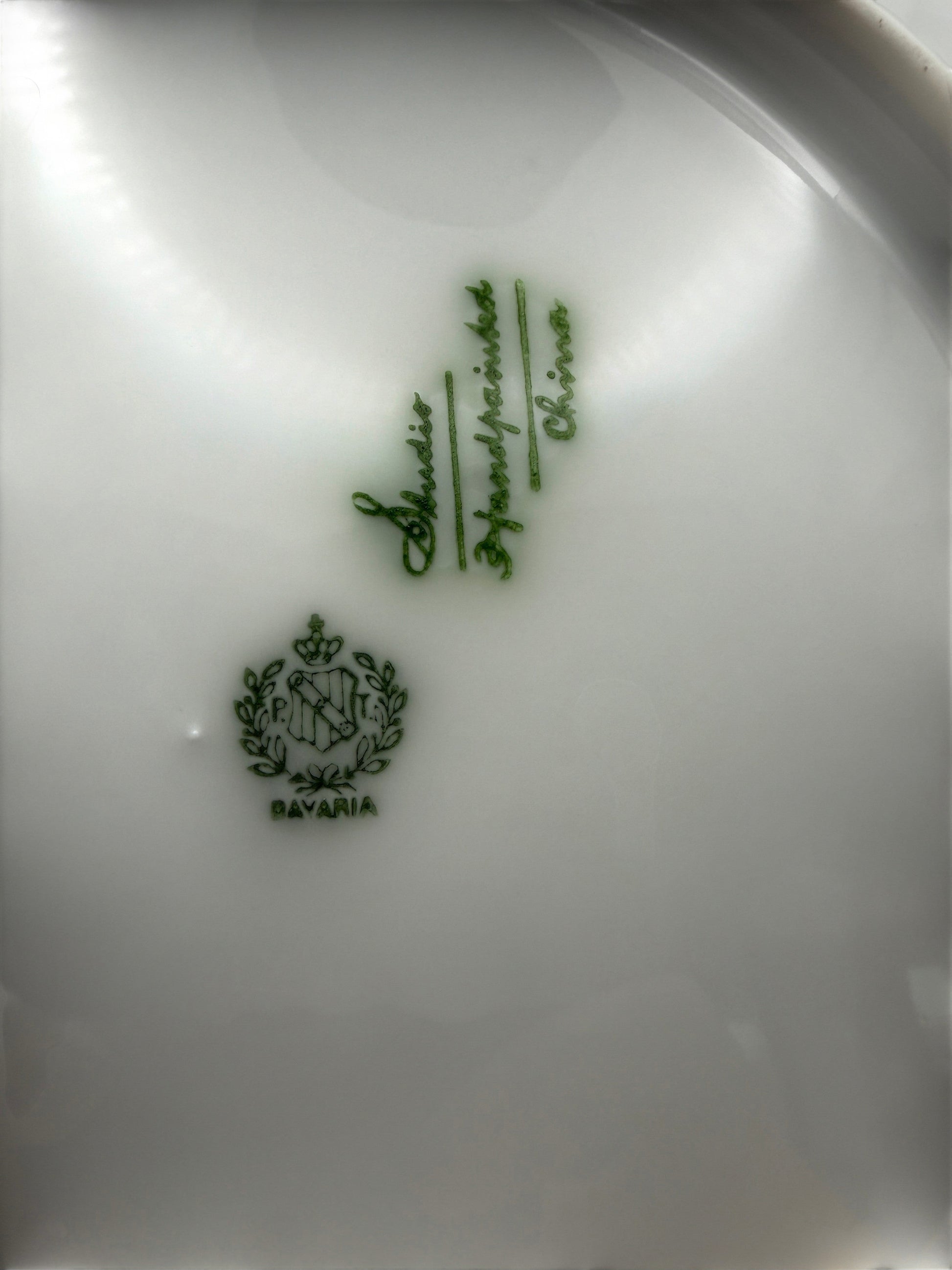 Hinson Vintage Interiors Bavaria Rosch porcelain cake plate maker mark and hand-painted stamp on white ceramic base