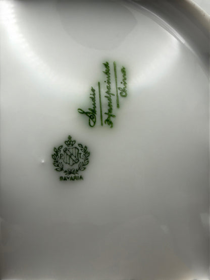 Hinson Vintage Interiors Bavaria Rosch porcelain cake plate maker mark and hand-painted stamp on white ceramic base