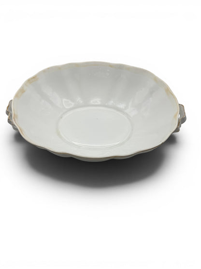 Hinson Vintage Interiors white porcelain serving bowl with scalloped edges, ribbed details, and gold rim accents.
