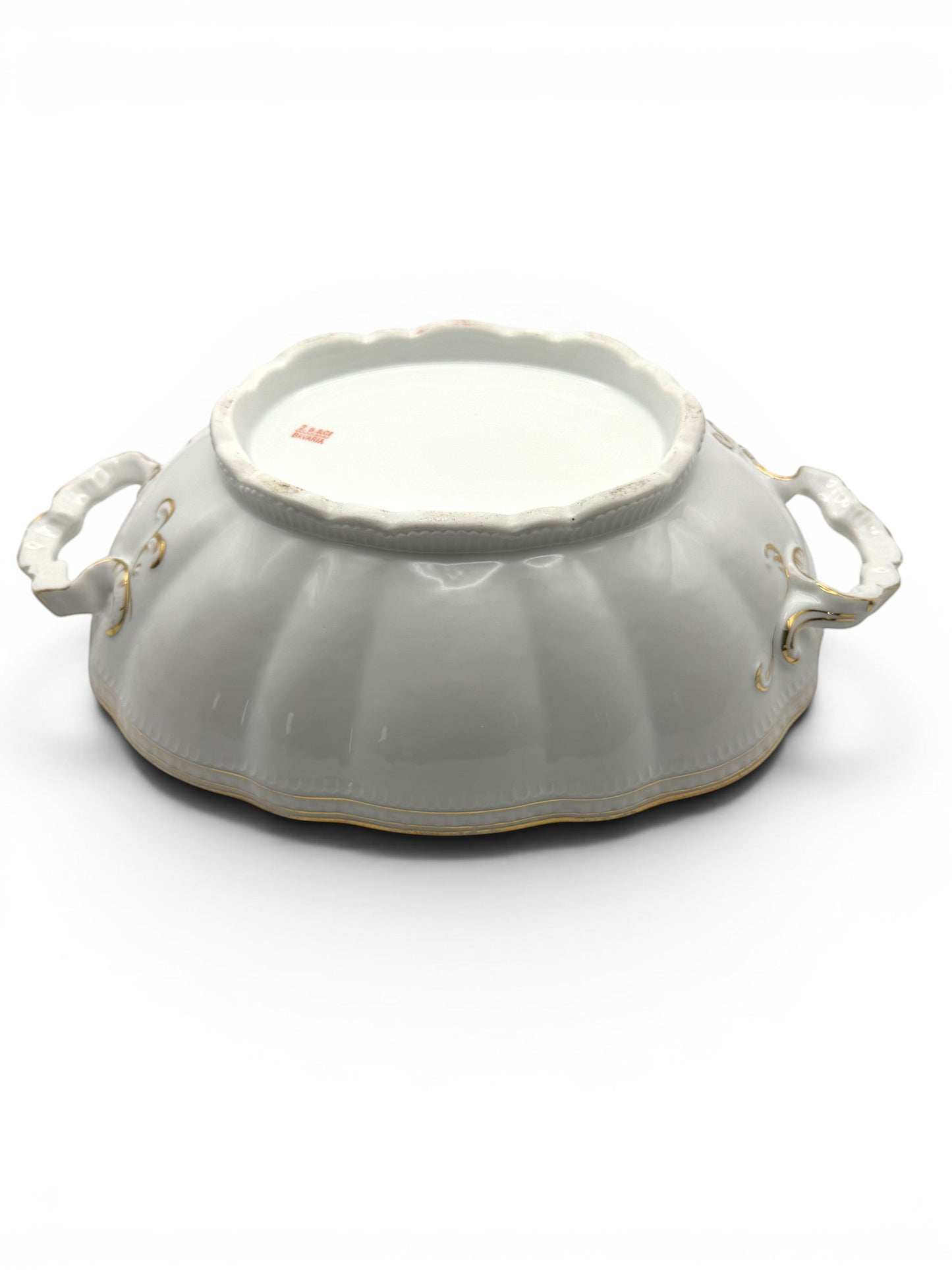 Hinson Vintage Interiors white Bavarian porcelain serving bowl with gold trim, scalloped base, and side handles.
