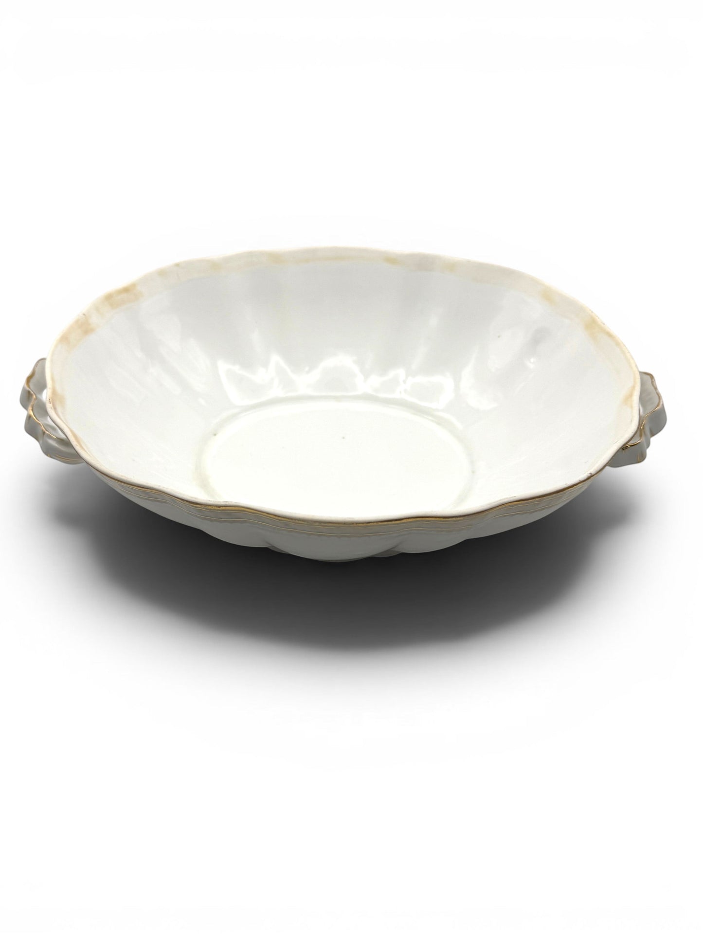 Hinson Vintage Interiors white porcelain serving bowl with ribbed detailing, scalloped edges, and gold rim accents.