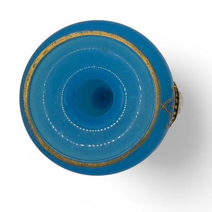 Hinson Vintage Interiors blue opaline glass vase top view with gold rim detailing and applied cameo portrait