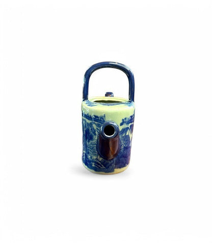 Hinson Vintage Interiors blue and white ironstone teapot featuring a classic Willow-style pastoral transferware design