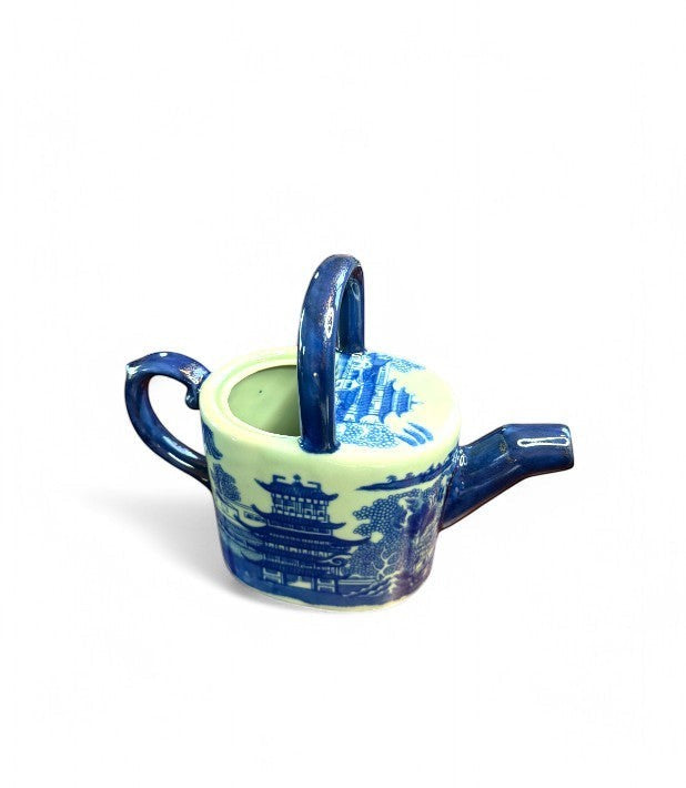 Hinson Vintage Interiors blue and white ironstone teapot featuring a classic Willow-style pastoral transferware pattern.