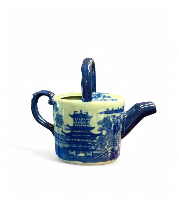Hinson Vintage Interiors blue and white ironstone teapot featuring a traditional Willow-style pastoral transferware.