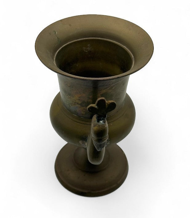 Hinson Vintage Interiors vintage brass vase from India featuring a sculpted peacock handle and aged patina finish.