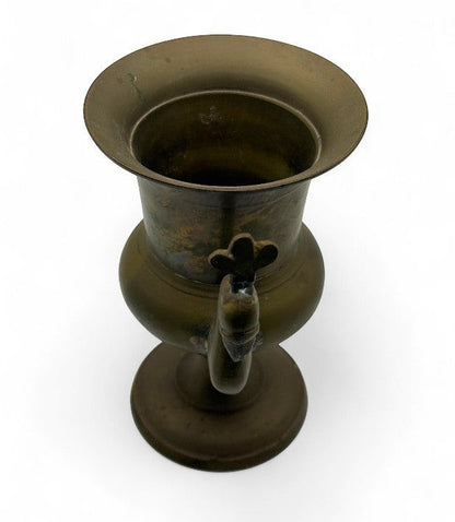 Hinson Vintage Interiors vintage brass vase from India featuring a sculpted peacock handle and aged patina finish.