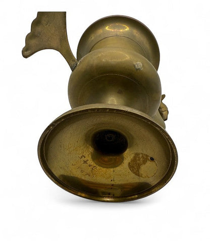 Hinson Vintage Interiors brass peacock vase from India featuring a sculpted handle and aged patina on a white background