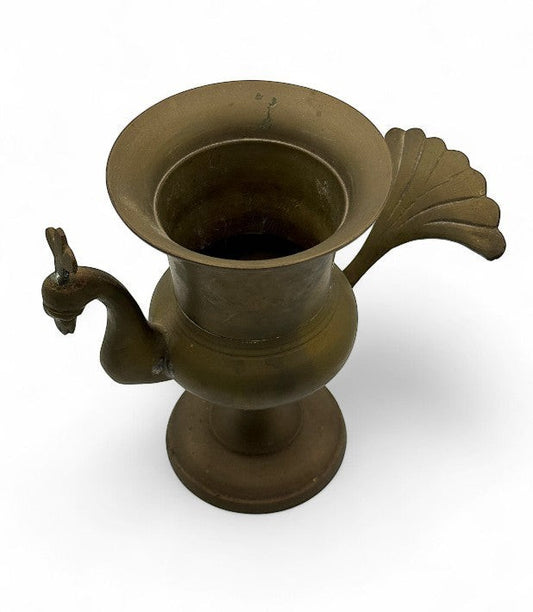 Hinson Vintage Interiors brass peacock vase from India with a warm aged patina and sculpted fan-shaped tail handle.