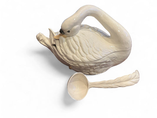 Hinson Vintage Interiors large cream ceramic swan tureen with a matching feather-shaped ladle, top-down view.