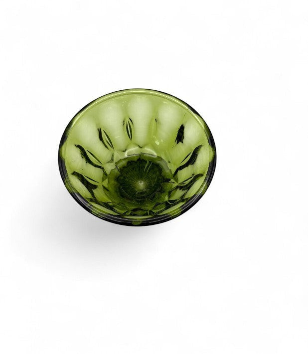 Hinson Vintage Interiors emerald green Anchor Hocking Fairfield pedestal bowl with scalloped rim and pressed glass