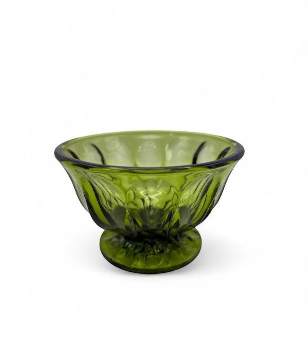 Hinson Vintage Interiors emerald green Anchor Hocking Fairfield pressed glass pedestal bowl with scalloped rim