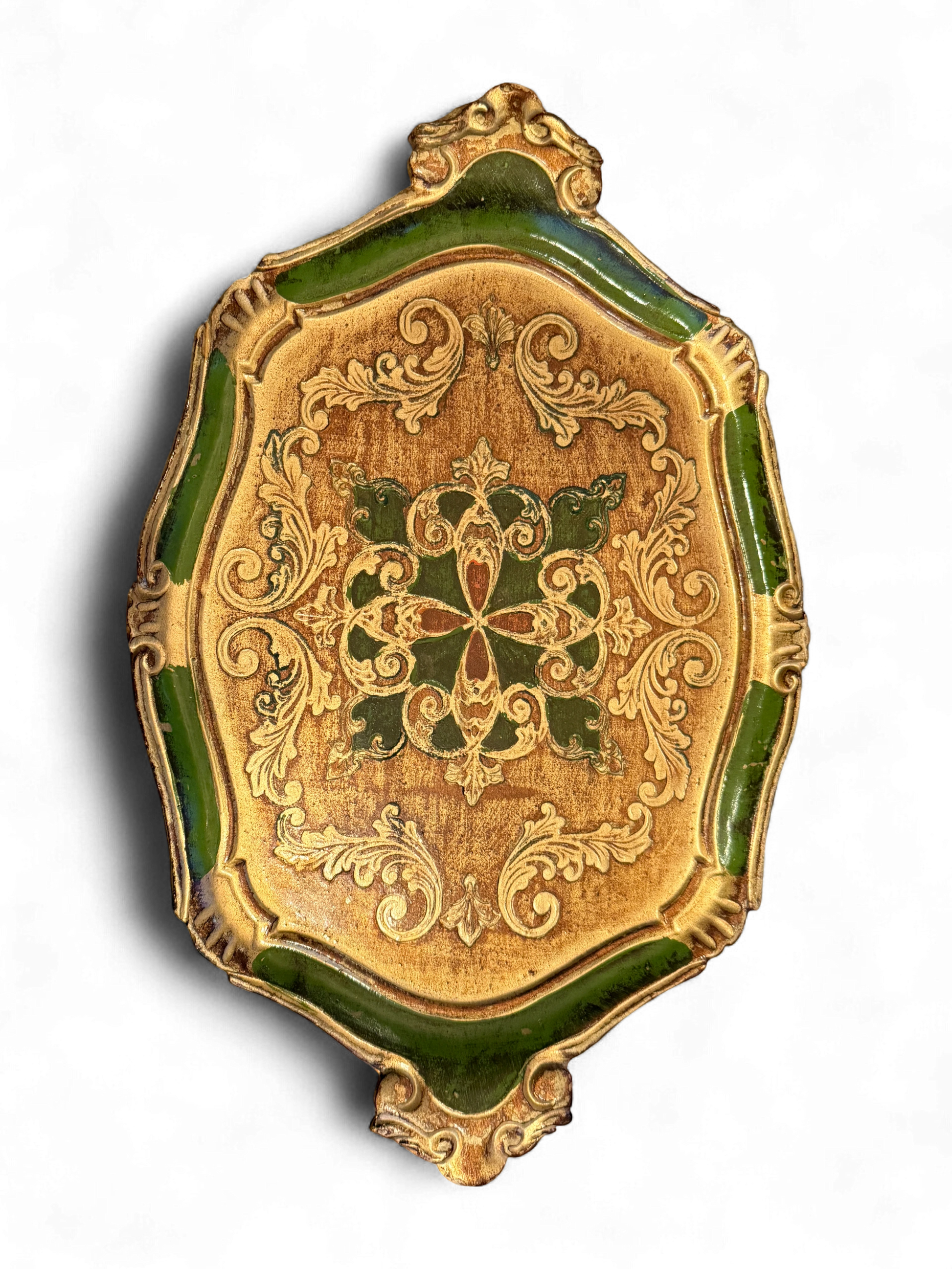 Hinson Vintage Interiors ornate Italian Florentine gilt wood tray with green, gold, and red hand-painted scrollwork.