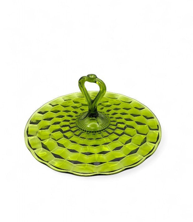 Hinson Vintage Interiors green Indiana Glass Whitehall sandwich tray with cube pattern and center handle.