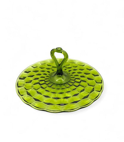 Hinson Vintage Interiors green Indiana Glass Whitehall sandwich tray with cube pattern and center handle.