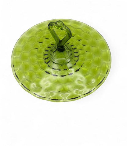 Hinson Vintage Interiors green Indiana Glass Whitehall sandwich tray with cube pattern and center handle.