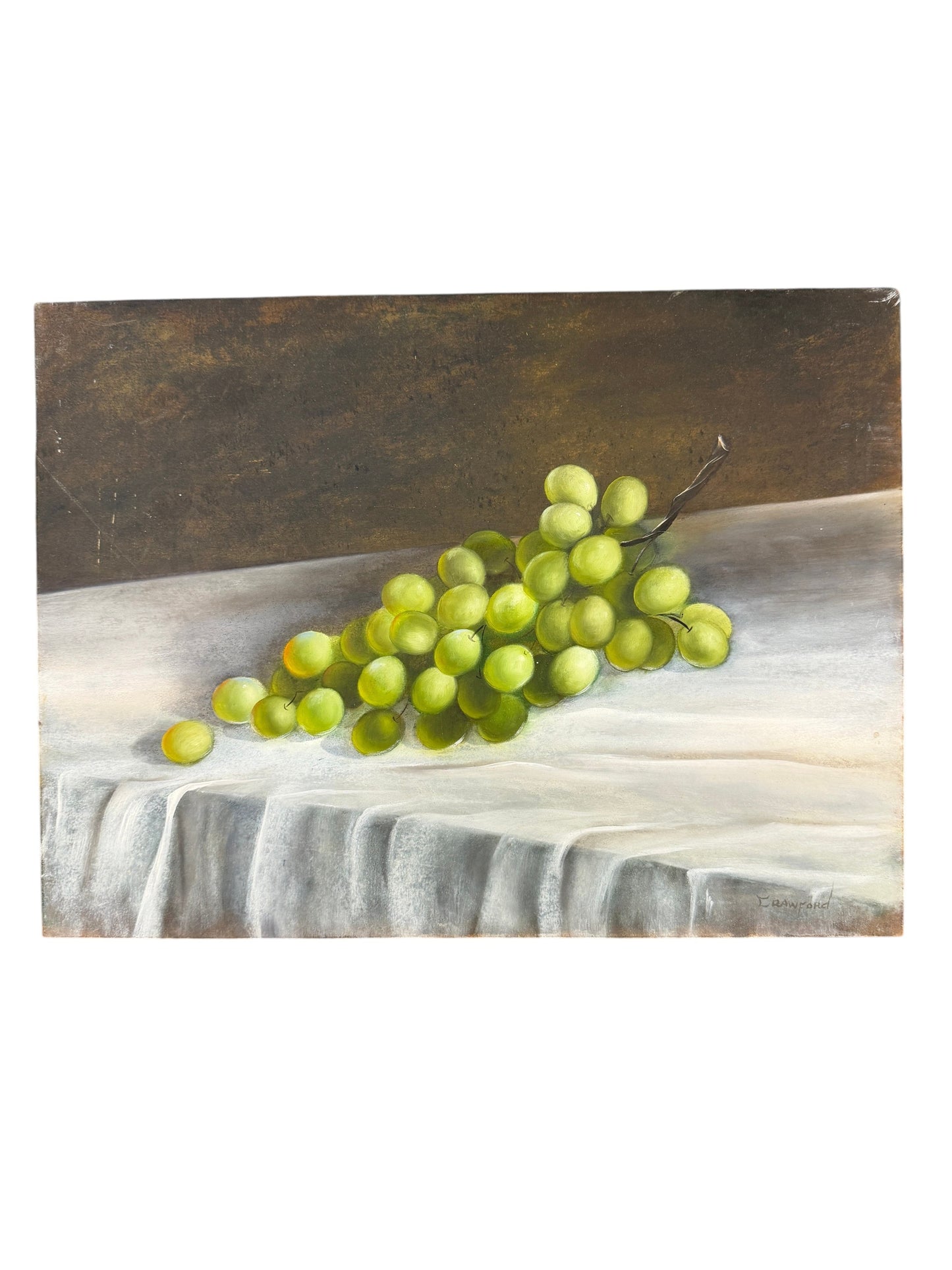 Hinson Vintage Interiors still life painting by Crawford featuring green grapes on draped fabric on a board panel.