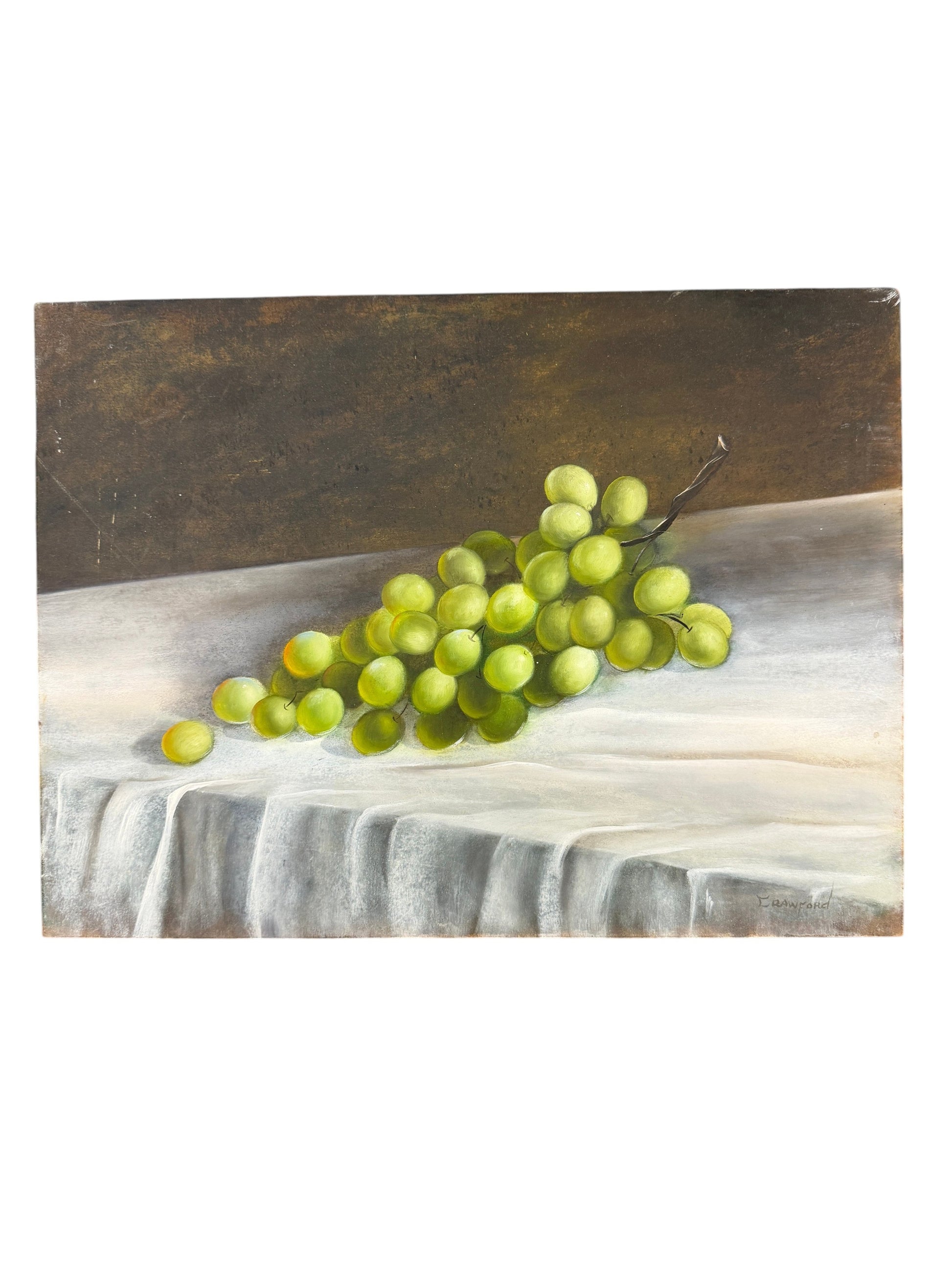 Hinson Vintage Interiors still life painting by Crawford featuring green grapes on draped fabric on a board panel.