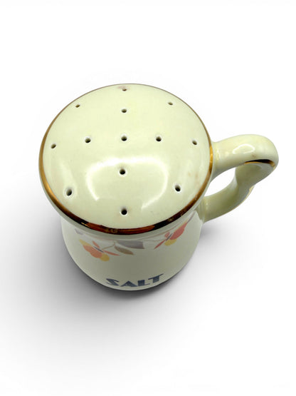 Hinson Vintage Interiors Hall China Autumn Leaf ceramic salt shaker with gold trim and pitcher handle top view