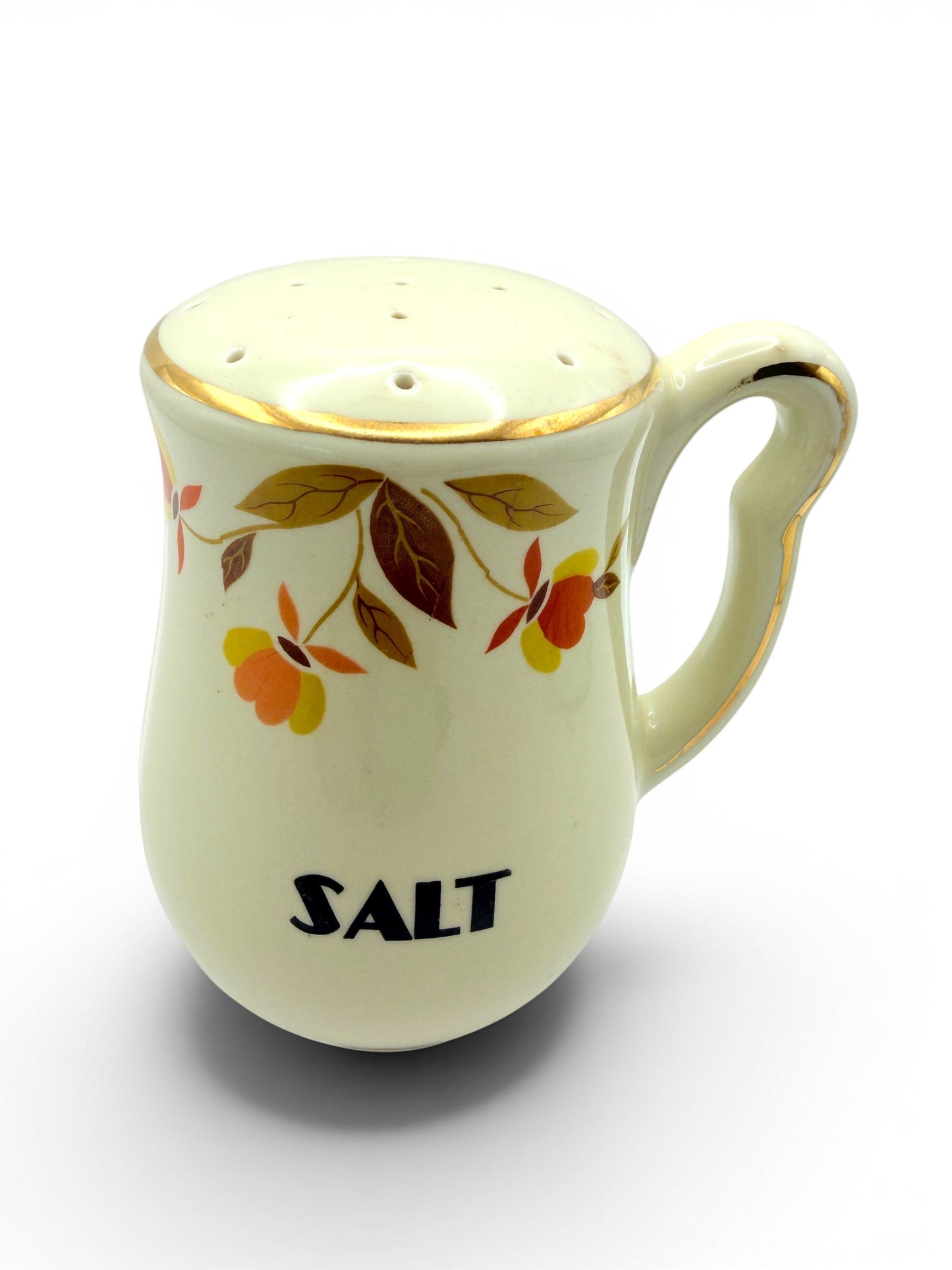 Hinson Vintage Interiors Hall China Autumn Leaf ceramic salt shaker with gold trim and floral pattern
