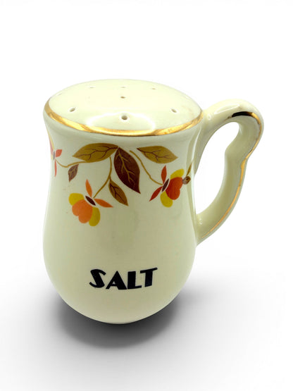 Hinson Vintage Interiors Hall China Autumn Leaf ceramic salt shaker with gold trim and floral pattern